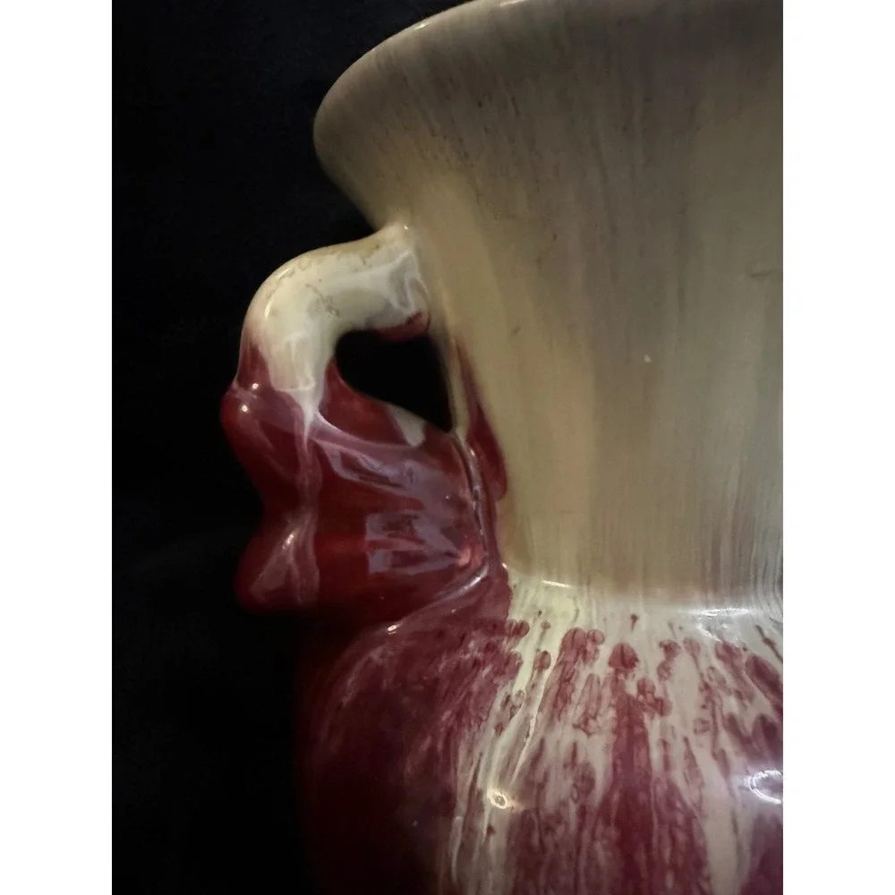 Vintage West German Pottery Drip Glaze Double Handled Vase Red Cream 8.5 Inch